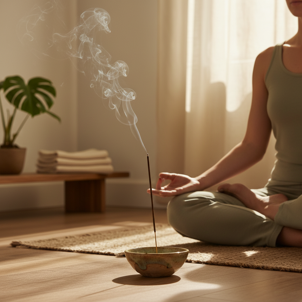 Person meditating with incense in a serene room setting