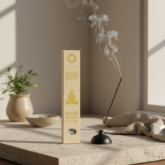 Chakra incense stick packaging with a burning incense stick on a neutral background