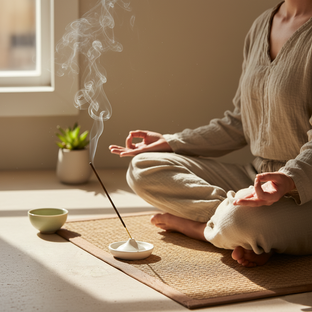 Heart Chakra Incense - Jasmine Incense Stick from Nepal, Person meditating in serene setting with incense burning, promoting love, compassion and emotional balance