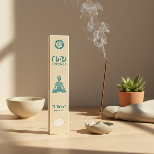Chakra incense packaging with a lit incense stick and smoke on a neutral background