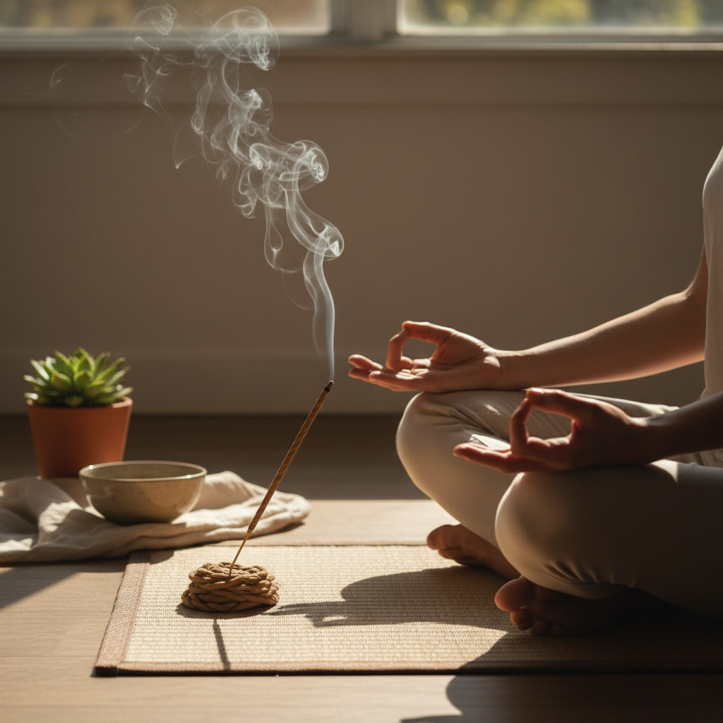 Person meditating with incense burning on a mat indoors