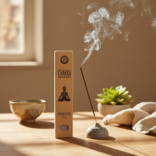 Third Eye Chakra Incense - Rose Incense from Nepal with Traditional Packaging Displayed on Wooden Surface with Natural Elements for Intuition and Clarity