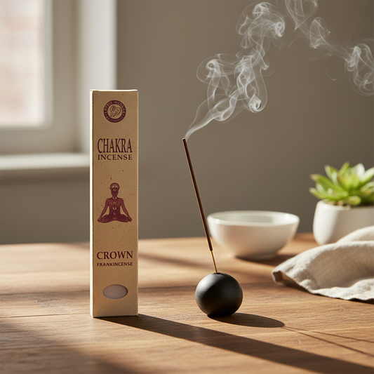 Crown Chakra Incense - Frankincense Incense Stick from Nepal Displayed with Traditional Packaging on Natural Wooden Surface for Spiritual Meditation and Calm Atmosphere