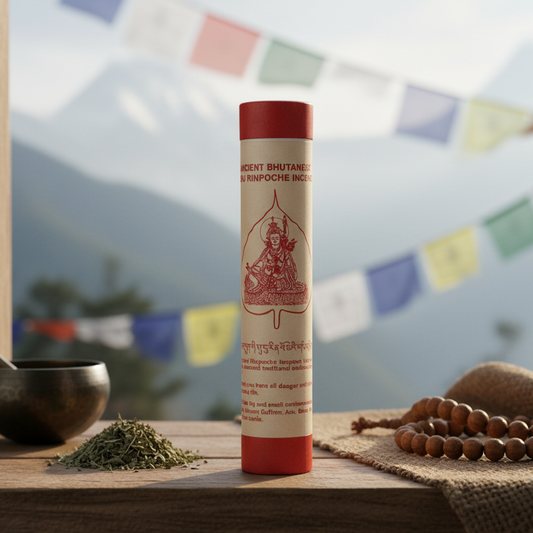 Cylindrical product with red and white design on a wooden surface with prayer flags in the background