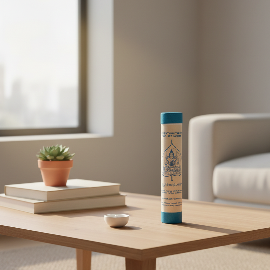 Tube of skincare product on a coffee table with books and a plant in a modern living room.