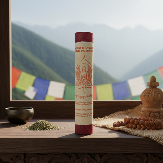 Tubular incense stick with mountain and prayer flags in the background