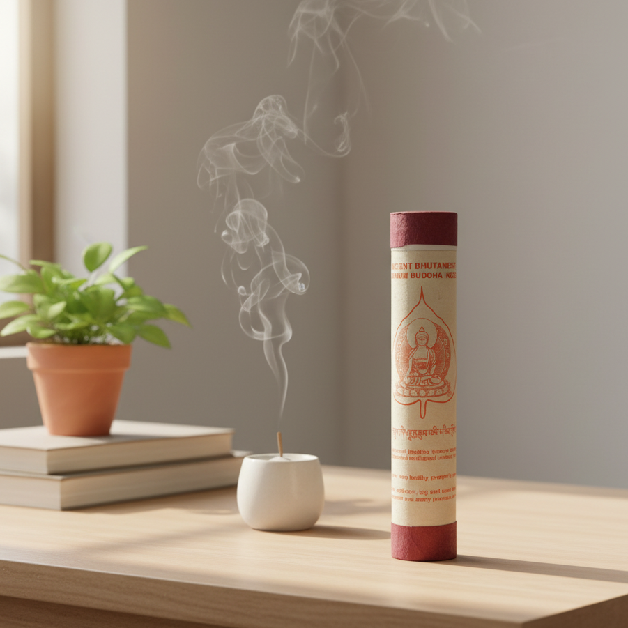 Incense stick with smoke on a table next to a potted plant and books