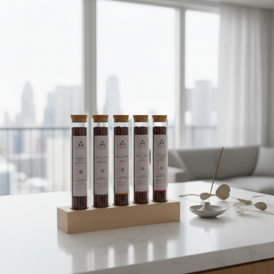 Set of test tubes on a wooden stand with a cityscape in the background