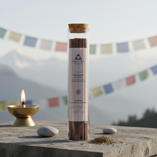 Spherical container with cork lid on a stone surface with a candle and stones, colorful flags in the background