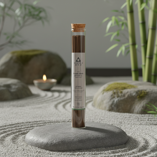 Roll of bamboo skewers on a stone with a serene background of rocks and plants