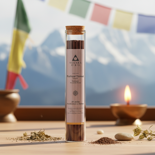 Tube of incense sticks with a blurred background featuring flags and a candle.