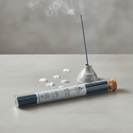 Incense stick with a lit end and packaging on a neutral background