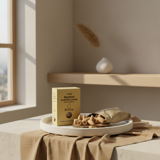 Box of Backflow Incense Cones on a plate with a neutral background