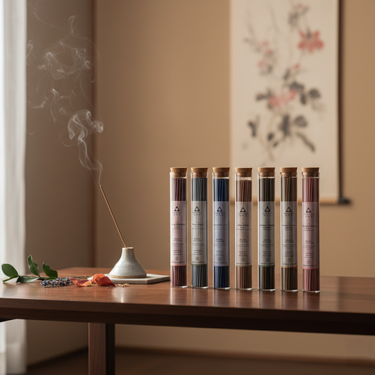 Incense sticks in tubes on a wooden table with a smoking incense stick in the background.