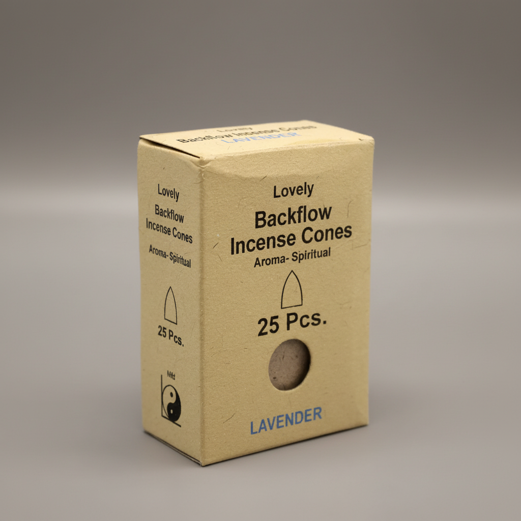 Box of Lovely Backflow Incense Cones with lavender scent on a gray background