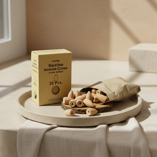 Box of Lovely Backflow Incense Cones on a table with open bag of cones