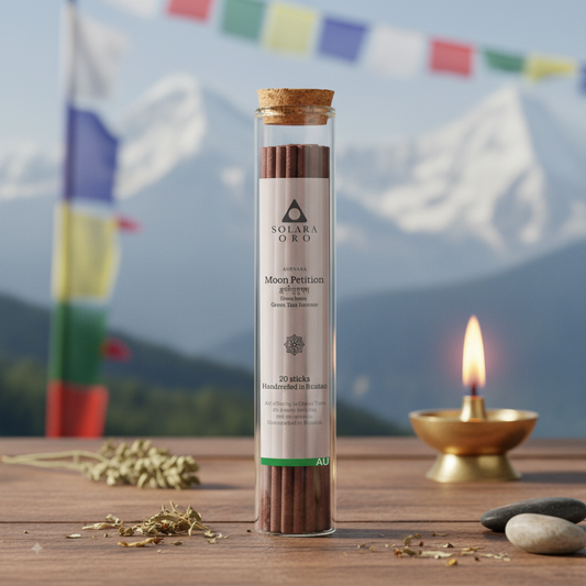 Sandalwood incense stick tube with mountain and flags background