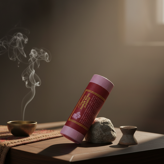 Incense stick with smoke rising from it on a wooden surface with a rock and small bowl.