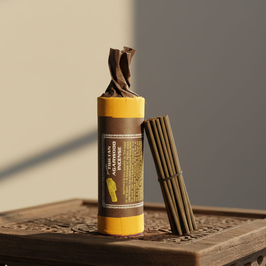 Incense stick tube with incense sticks on a wooden surface