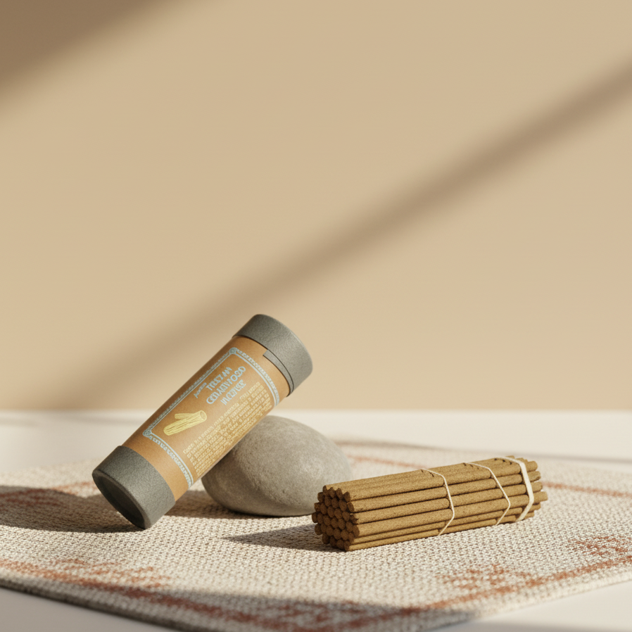 Incense stick bundle and cylindrical container on a textured surface with a beige background