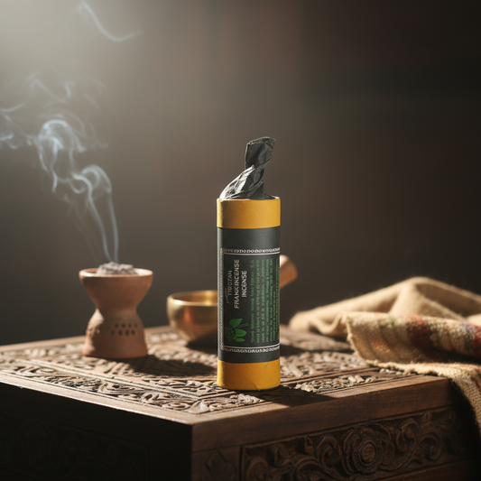 Incense stick with smoke on a wooden table