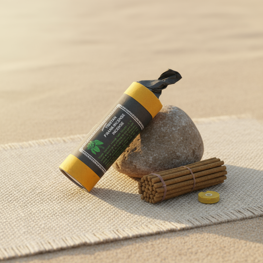 Spa or wellness product with a stone and incense sticks on a textured surface