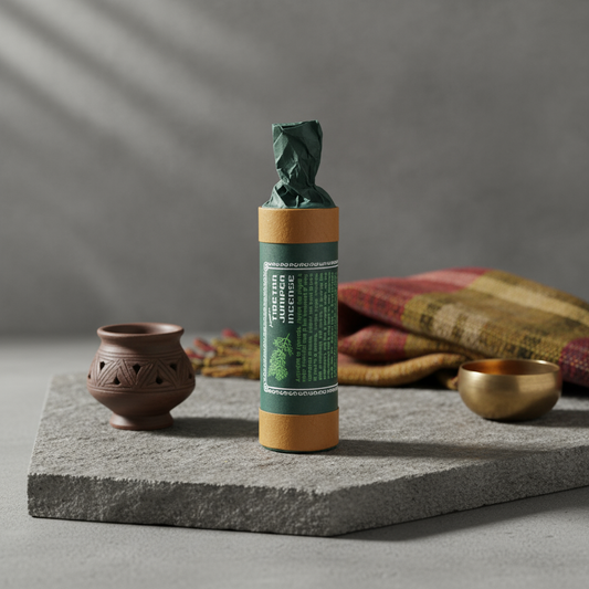 Cylindrical product with green label on a stone surface with decorative items