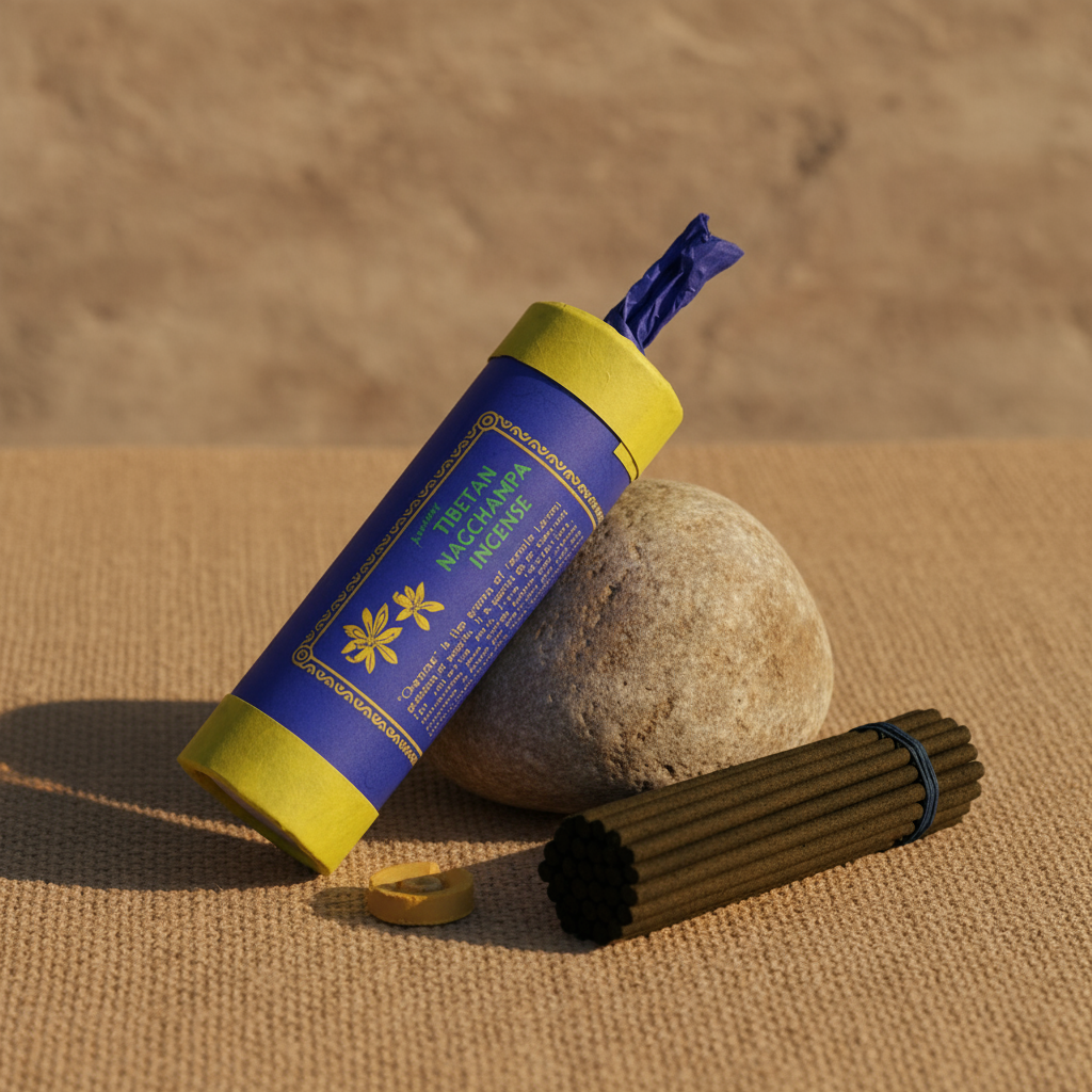 Incense stick tube with blue and yellow design on a stone, set against a beige background