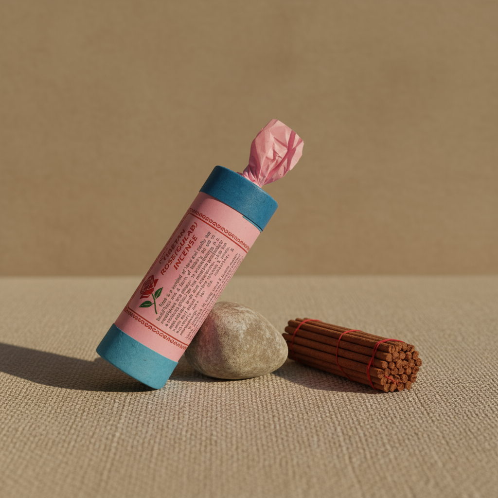 Tubular product with pink label and blue cap on a beige surface with a rock and sticks.