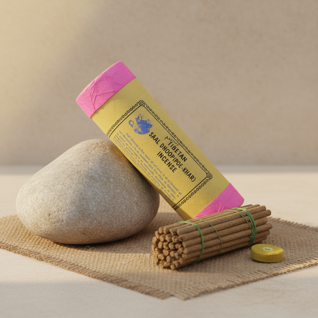Incense stick package with pink top and yellow body, placed on a stone and burlap surface.