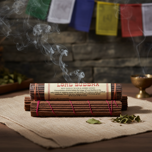 Two bundles of incense with smoke rising, placed on a textured surface with prayer flags in the background.