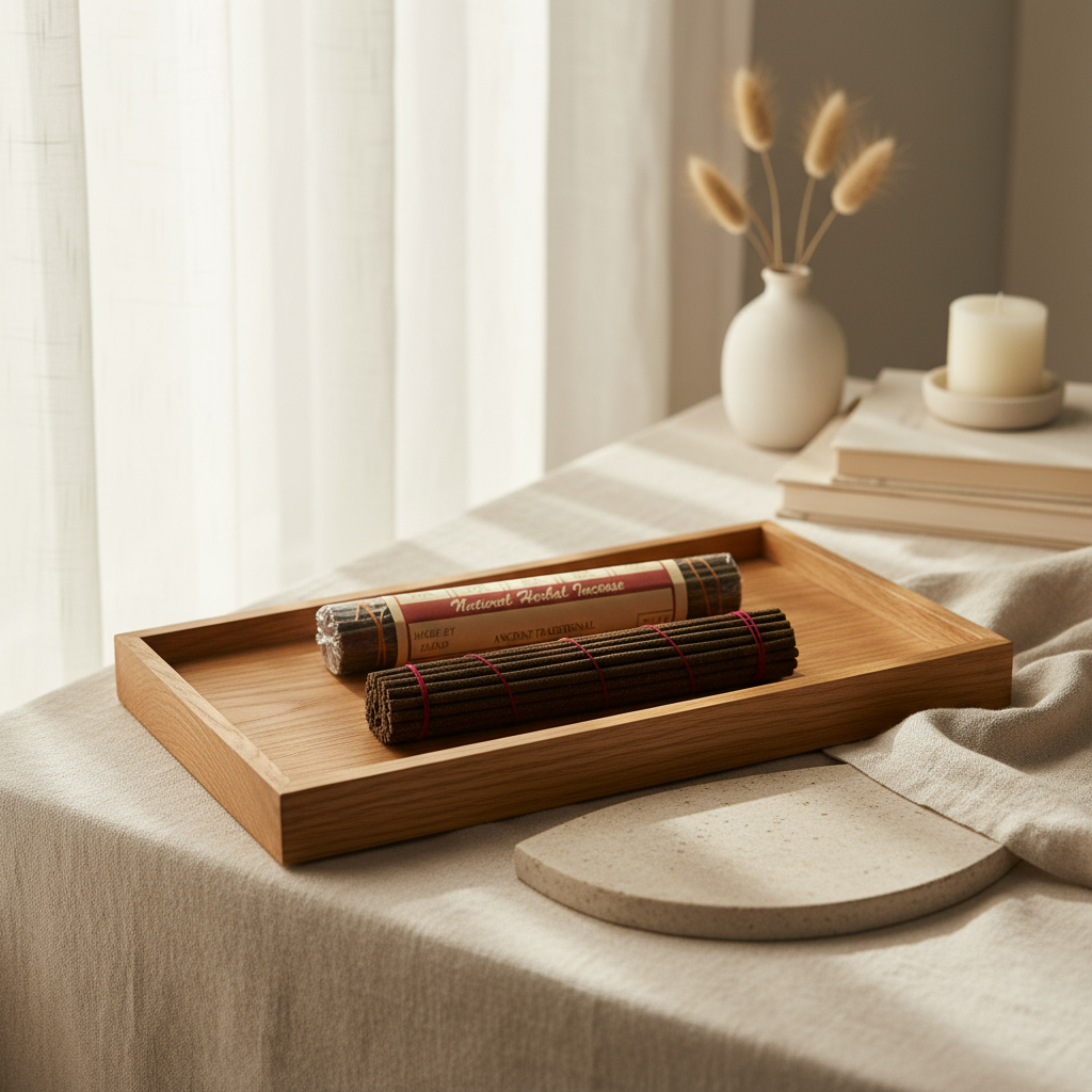 Wooden tray with incense sticks on a table with a candle and vase in the background