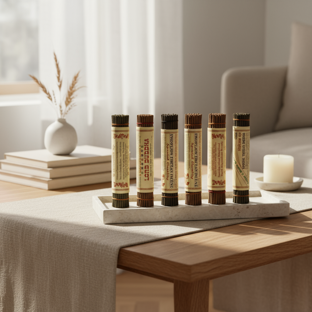 Set of six cylindrical candles on a wooden tray in a living room setting.