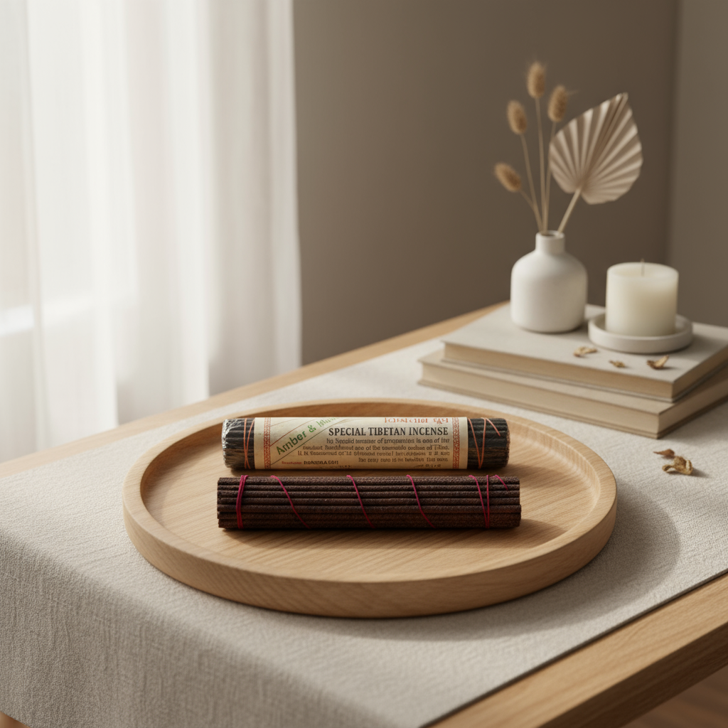 Two rolls of incense on a wooden tray with a candle and vase in the background.