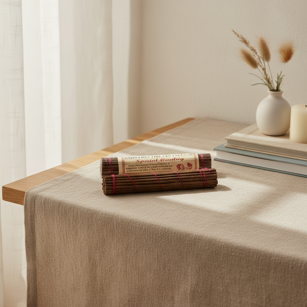 Incense sticks on a table with a neutral background