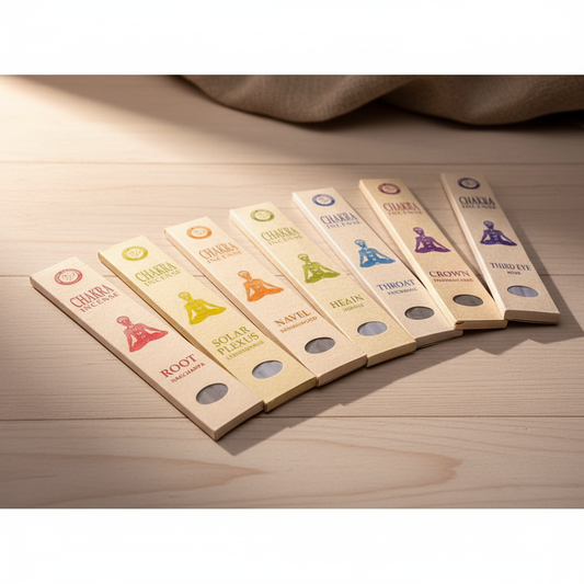 Chakra Incense Stick Collection Set - 7 Handmade Herbal Incense Varieties from Nepal in Traditional Lokta Paper Packaging Displayed on Wooden Surface
