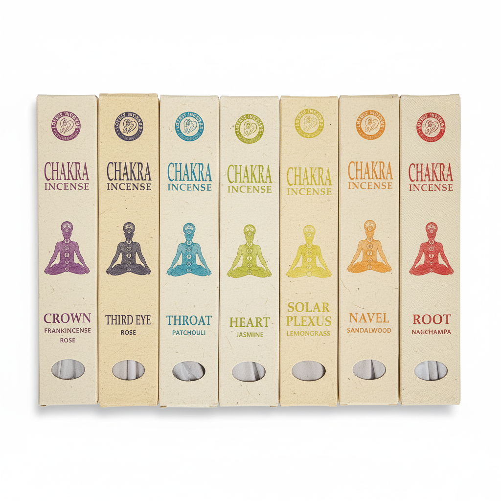 Complete Chakra Incense Collection Set - 7 Handmade Herbal Incense Stick Boxes from Nepal on White Background Featuring Root, Navel, Solar Plexus, Heart, Throat, Third Eye, and Crown Chakra Fragrances