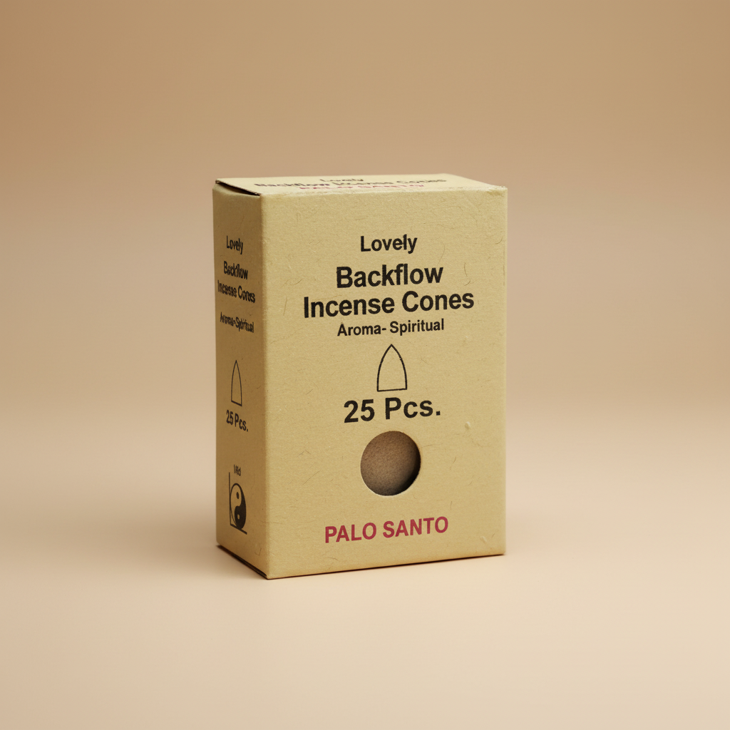 Box of Lovely Backflow Incense Cones with Palo Santo on a beige background