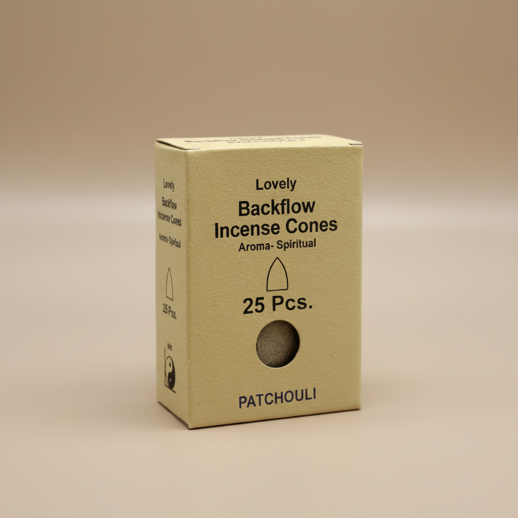 Box of Lovely Backflow Incense Cones with patchouli scent on a beige background