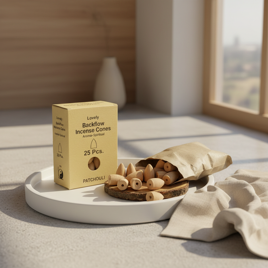 Incense cones with packaging on a white tray in a bright room