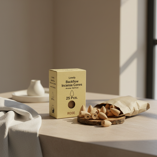 Box of Lovely Backflow Incense Cones on a table with incense cones and packaging.