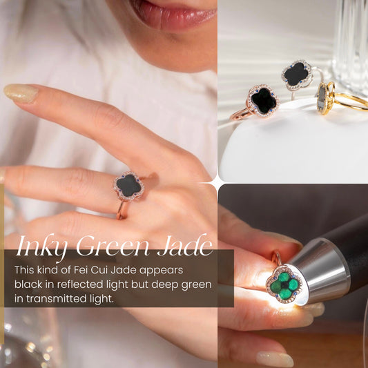 Jewelry with inky green jade stones displayed on a hand and close-up.