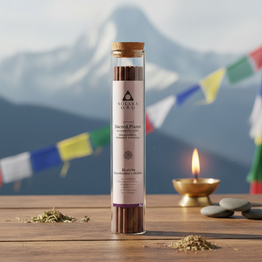 Solaara Oro Sacred Flame incense stick tube with a mountain and prayer flags in the background