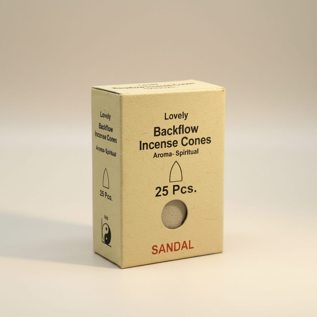 Box of Lovely Backflow Incense Cones with sandal fragrance on a beige background