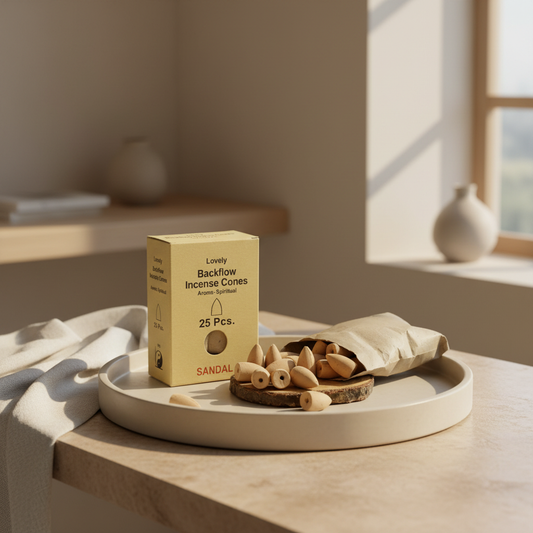 Box of Lovely Backflow Incense Cones on a wooden surface with a soft, warm light.