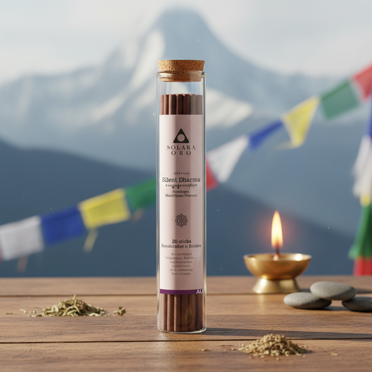 Incense stick tube with 'Solaara Gro' branding on a wooden surface with a mountain and prayer flags background.