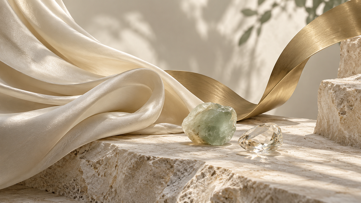 Atmospheric illustration of silk, stones and sculptural metal