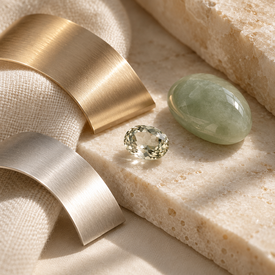 Illustrative gemstones and metal samples on ivory linen