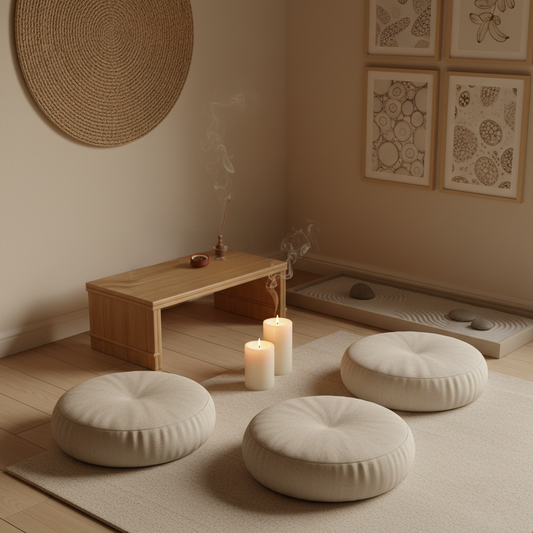 Zen-inspired self-care sanctuary at home with incense burning, minimalist decor, and calming atmosphere