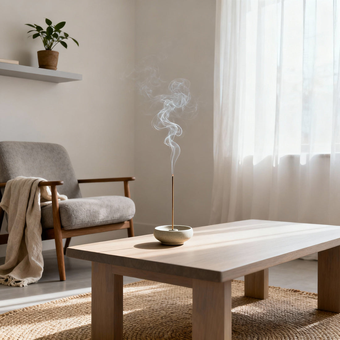 Zen-inspired self-care sanctuary at home with incense burning, minimalist decor, and calming atmosphere